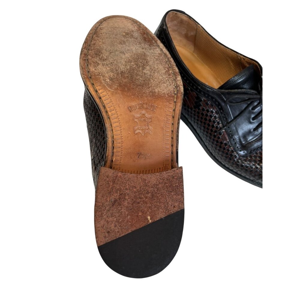 Peter Huber Italian Leather Oxford Shoes Black  Brown Woven Cap Toe Men Size 7.5 - Picture 4 of 14